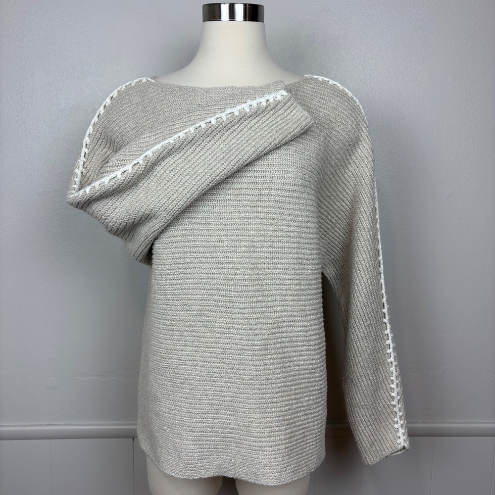 Pure Jill Knit Pullover Sweater Size M Beige Boatneck Hand Embroidered Sleeve
